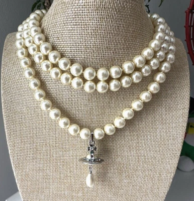 Vivienne Westwood Three Row Triple Layer Pearl Drop Silver Necklace Choker - Image 1 of 4