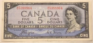 1954 BANK OF CANADA CANADIAN $5 FIVE DOLLAR BLUE BANKNOTE NOTE - Picture 1 of 2