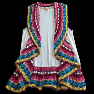 Kleine ärmellose Damen-Cardigan vorne offen Häkelkante Regenbogenfarben bunt - Bild 1 von 11