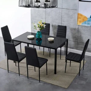 Tempered High Gloss Glass Dining Table Set 4/6 Faux Leather Black Chairs Kitchen - Picture 1 of 16