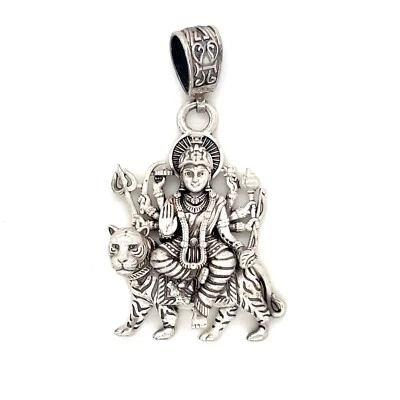 Colgante Durga Maa de plata de ley 925 | Medallón Ambe Mata para hombre y mujer en 3D Foto 1 de 3