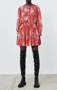 Zara Mini Dress Womens Medium Red Paisley Sheer Balloon Sleeve Boho Flowy Gypsy - Picture 1 of 23