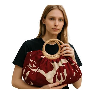 Antiguo bolso de mano de lona azul marino con asas de madera de verano Foto 1 de 4