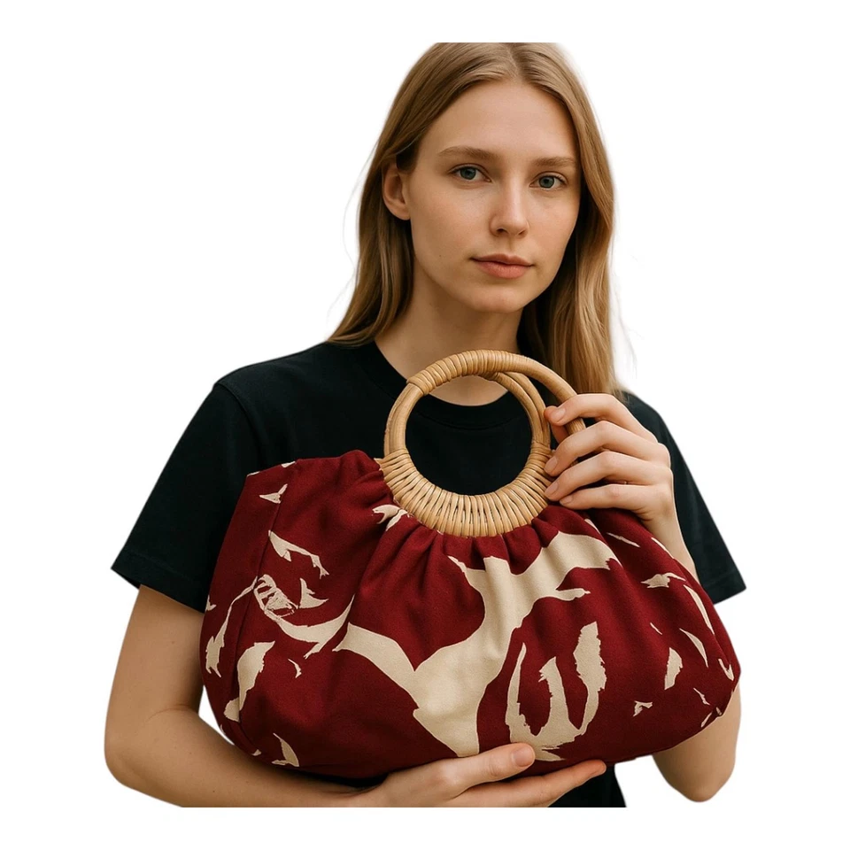 Old Navy Canvas Handbag Summer Wooden Handles - Image 1 of 4