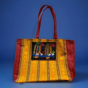 San Blas Indian Mola Parrot Indigenous Weave Brocade Tote Bag 20"x14"x5" - Picture 1 of 5