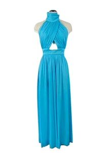 Vintage Aqua Halter Neck Jumpsuit Peekaboo Twist Front Palazzo Wide Legs S - Picture 1 of 9