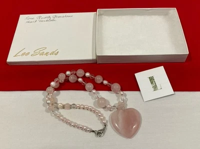 Vintage LEE SANDS Coração Rosa Quartzo Pedra Pingente Colar de Contas 20” CIB NA CAIXA - Imagem 1 de 4