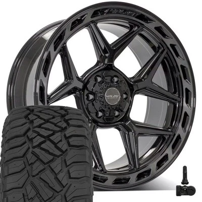 Set(4) 4P55 Black 22x10 Wheels & 33x12.5x22 R/T Tires, TPMS 6X5.3 & 6X5.5 - Image 1 of 4