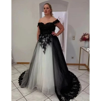 Gothic Wedding Dresses Off Shoulder Lace Applique Black And White Bridal Gowns - Image 1 of 4