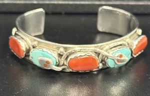 Vintage Zuni Effie C Silver Turquoise And Coral Snake Eye Cuff Bracelet 33.3g - Picture 1 of 14