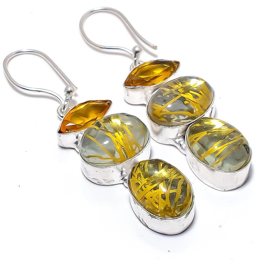 Golden Rutile Quartz, Citrine Gemstone 925 Silver Jewelry Earring 2.4" R-2782 - Image 1 of 1