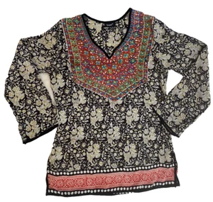 Tolani Women’s Silk Shirt XS Boho Gypsy Floral Tunic Black Red Eastern Flair - Picture 1 of 13