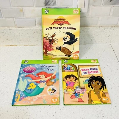 Lote de 3 libros de sistema de lectura de etiquetas Leap Frog Dora Goes To Sch, Kung Fu Panda y anuncio Foto 1 de 4