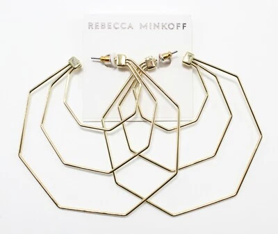 Rebecca Minkoff Large Gold Geometric Hoop Earrings $68 Tags #RM252 - Image 1 of 2