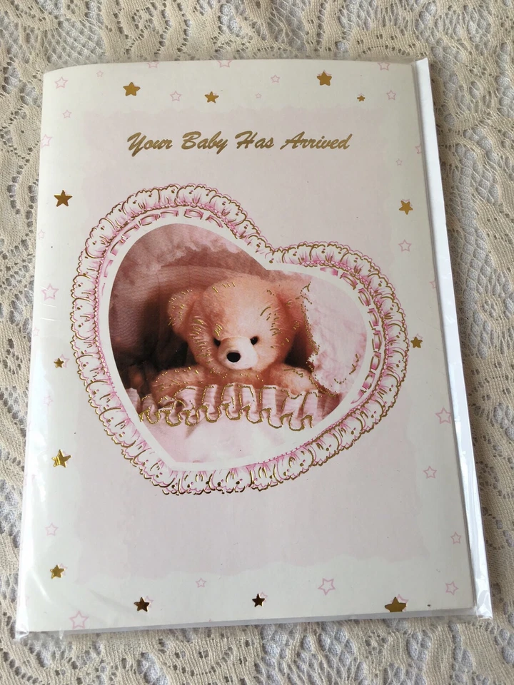 Tarjeta de felicitación musical Baby Shower llegada de recién nacido oso de peluche corazones padres Foto 1 de 3
