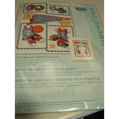 Kit LITTLE SPORTS BIRTH RECORD Punto de Cruz Contado DIMENSIONES SELLADO EE. UU. Foto 1 de 4