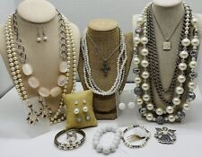 18 PC Vintage to New Jewelry Lot WHITE THEME Bracelets Necklaces Earrings J-215