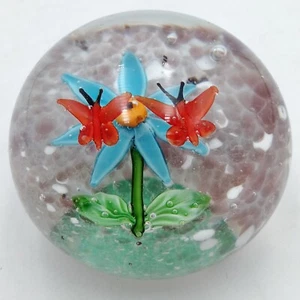 Vintage Floral Butterfly Art Glass 2.25" Diameter Paperweight - Picture 1 of 5