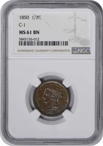 1850 Half Cent MS61BN NGC Cover