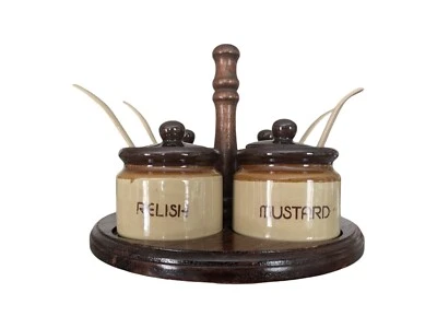 Vintage Stoneware Glazed Condiment Set Mustard Sauce Relish Ketchup Lazy Susan - Image 1 of 4
