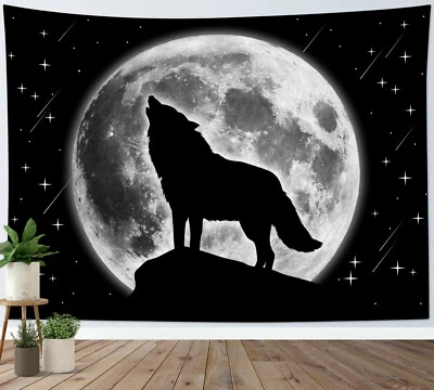Wild Animal Wolf Tapestry Starry Sky Full Moon Wall Hanging Home Bedspread Cover - Image 1 of 4