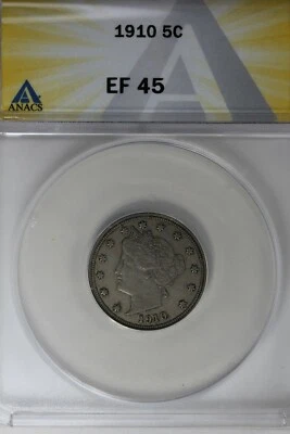 1910  .05  ANACS EF 45  Liberty Nickel, V Nickel, 5 Cent Piece - Image 1 of 2