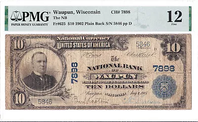 $10 1902 PB National WAUPUN Wisconsin WI 🇺🇸 Mega Rare! 🇺🇸 Only 3 on Census! - Image 1 of 2