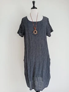 Striped Print Cotton Dress With Pockets Made in Italy BLACK UK 12-18 STELLA - Picture 1 of 10