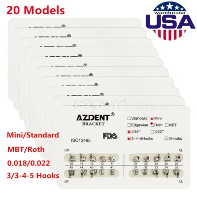 AZDENT Dental Ortho Metal Brackets Mini/Standard Roth/MBT 018/022 Hooks 3/3-4-5 - Image 1 of 4