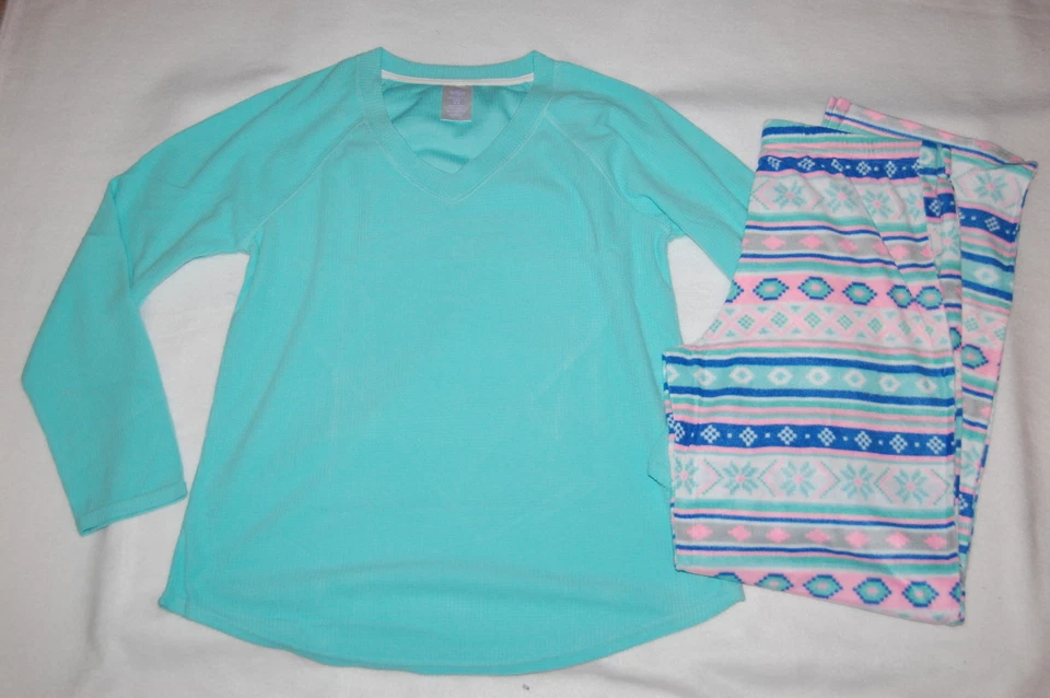 Conjunto de pijama para mujer L/S TOP turquesa cálido PANTALONES AZUL ROSA copos de nieve S 4-6 Foto 1 de 1