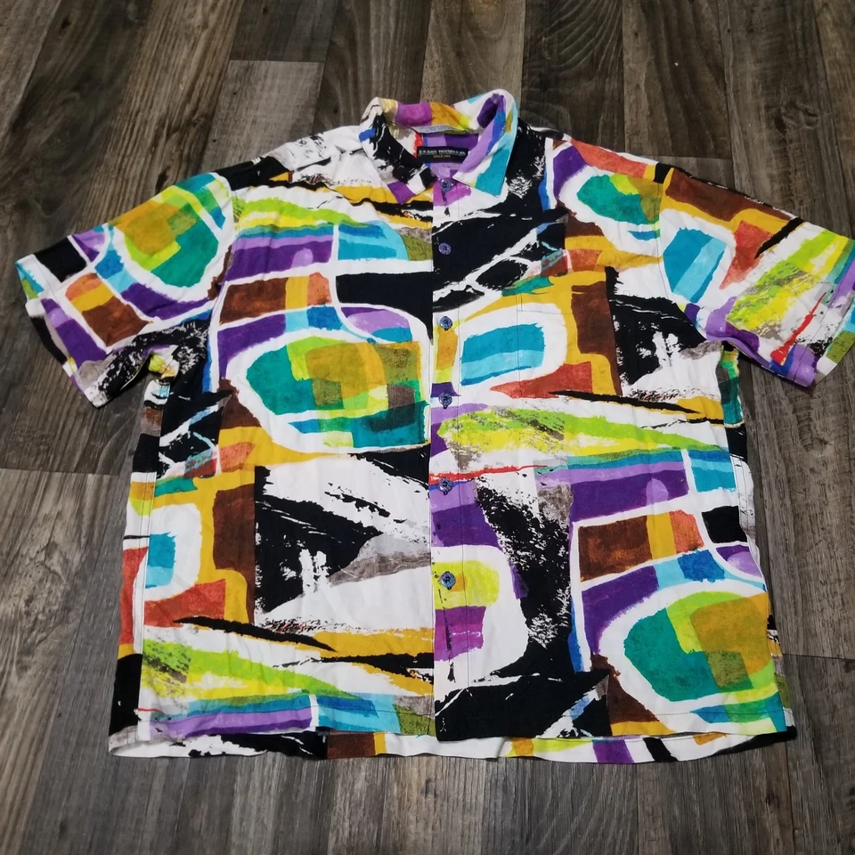 Vintage Jams World Shirt Mens Large Multicolor Abstract Art Print Hawaiian Rayon - Image 1 of 4