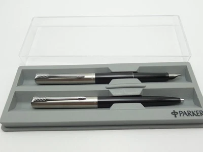 Parker 15 Black /Steel Fountain Pen & Ballpoint Set, CT, M Steel Nib, Box *MINT* - Image 1 of 4