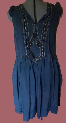 Comptoir Des Cotonniers folk ethnic Embroidered linen babydoll dress with pocket — 第 1/4 张图片