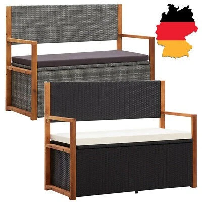 Bank mit Stauraum 110 cm Poly Rattan Massivholz Akazie Garten bank Garten truhe  - Bild 1 von 4