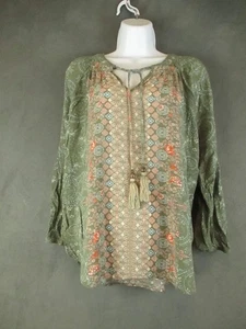 Mason & Belle Blouse Womens XL Green Boho Peasant Top Tassel Tie Front Floral - Picture 1 of 10