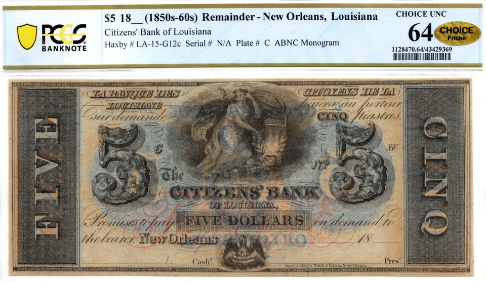 1850-60s $5 Citizens Bank of Louisiana Obsolete Banknote - PCGS 64! Gold Fricke! - Image 1 of 3