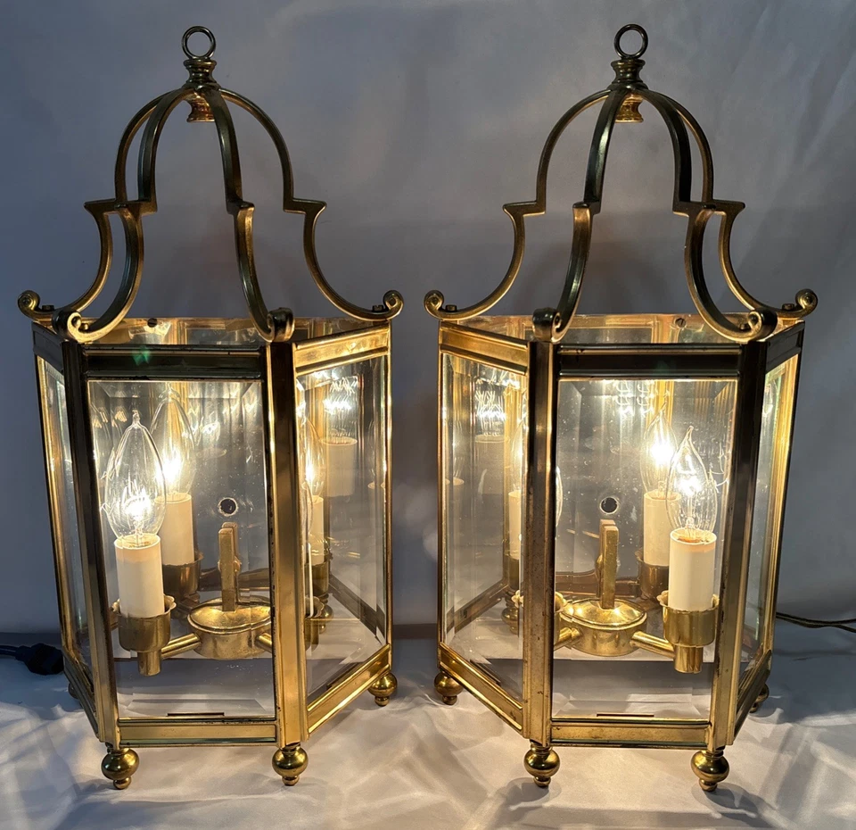 复古中世纪一对黄铜和 3 面斜面玻璃壁灯壁灯 — 第 1/4 张图片