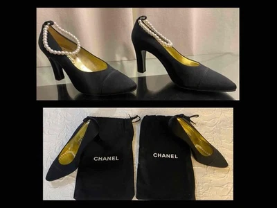 Auth CHANEL Black Satin Size 8 (38) Satin Heels w/ Pearl Decor & 2 Dust Bags - Image 1 of 4