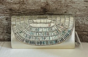 STARLET Clutch Chain Strap GOLD SATIN Rhinestones EVENING PARTY BAG Purse Box - Picture 1 of 10