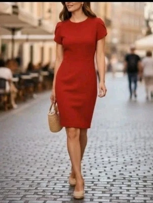 全新带标签 Calvin Klein 红色郁金香袖紧身连衣裙女式大码 20W 码 — 第 1/4 张图片