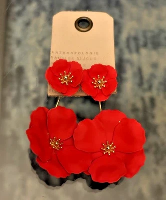 ANTHROPOLOGIE 3D FLORAL 3 AND 1 STUD AND DANGLER FLORAL EARRINGS RED/GOLD - Image 1 of 3