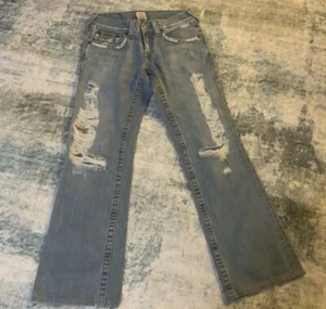 Women's True Religion Billy Jeans Blue Straight Leg Sz 28 Distressed Low Rise - Picture 1 of 4
