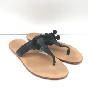 Loeffler Randall Pom Pom Thong Sandals Sosie Black Leather Size 7.5 - Picture 1 of 11