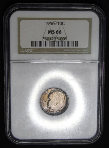 1956 P Silver Roosevelt Dime Graded MS66 NGC Rainbow Color Toning Toned Coin Cover