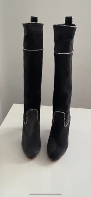 Women's Christian Louboutin Louloubotta  Suede Snakeskin Detailing Boots Navy 37 - Image 1 of 4