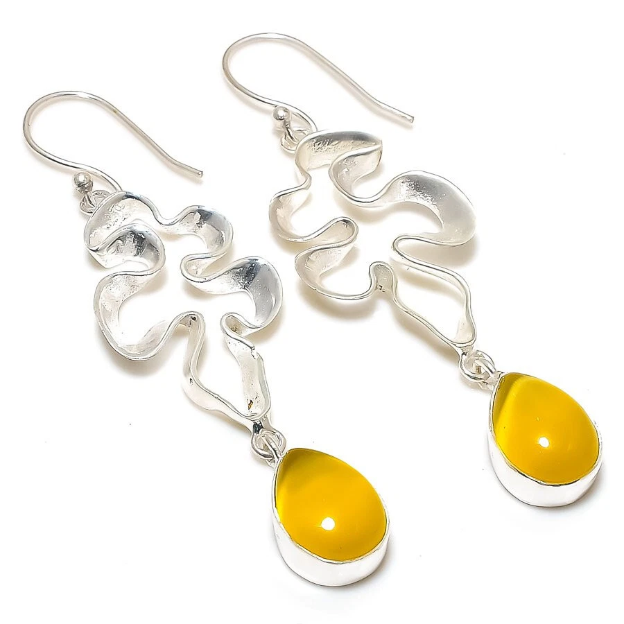 Pendientes colgantes enchapados en plata con piedras preciosas de calcedonia amarilla joyería 2" Foto 1 de 1