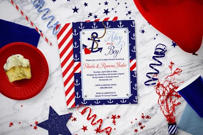 Invitaciones náuticas para baby shower - invitaciones para baby shower con tema de ancla para niño  Foto 1 de 4