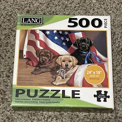 LANG Art by Jim Lamb American Puppy  500 Piece Patriotic Flag Puzzle Complete - Image 1 of 4