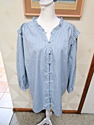 LAUREN CONRAD-AZUL/MULTI-LISTRA-BABADO BOTÃO NO PESCOÇO-MANGA 3/4-TAMANHO SUPERIOR-3X-NOVO COM ETIQUETAS - Imagem 1 de 3