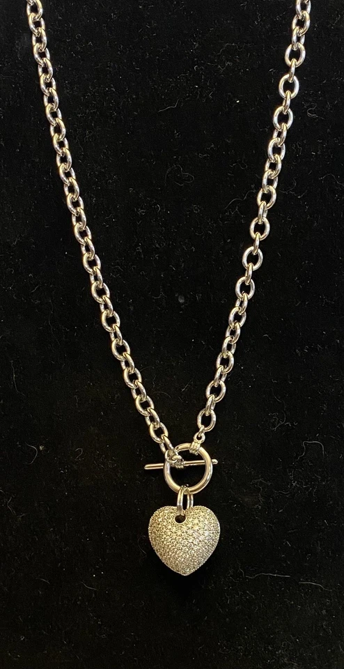 Berricle Toggle Necklace CZ Crystal Puffy Heart Pendant Chunky Rolo Chain 18" BE - Image 1 of 4